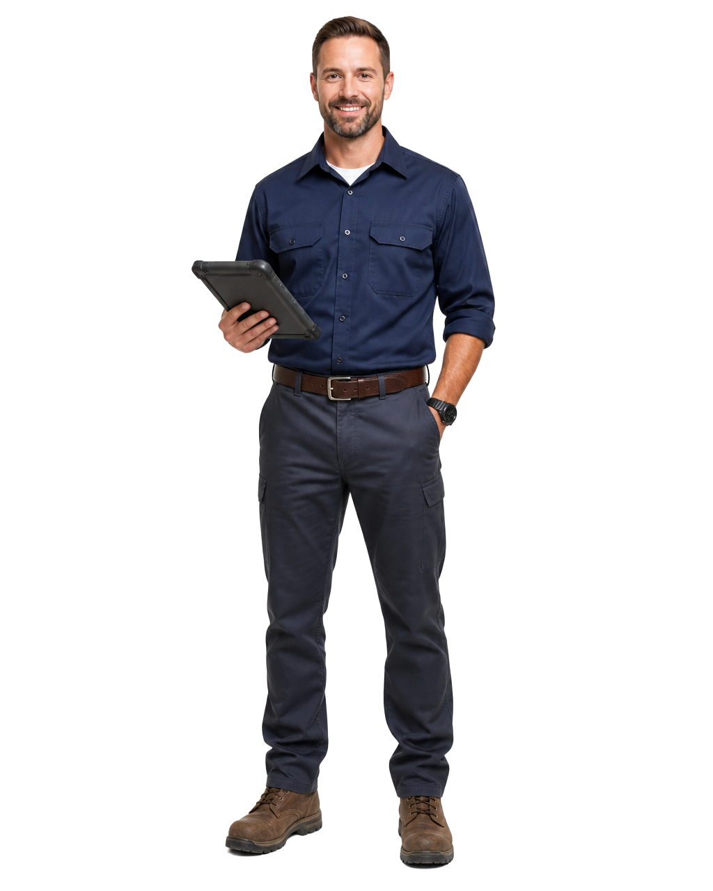 Field service operations lead holding a rugged tablet